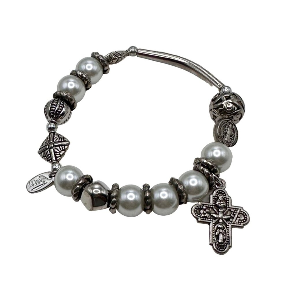 Alexa's Angels Bracelet Women Silver Tone Stretch Beaded Cross Religious 7.8"